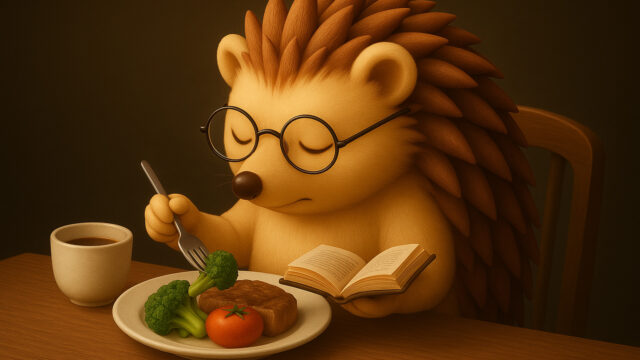 食事しながら論文を読むハリーちゃん