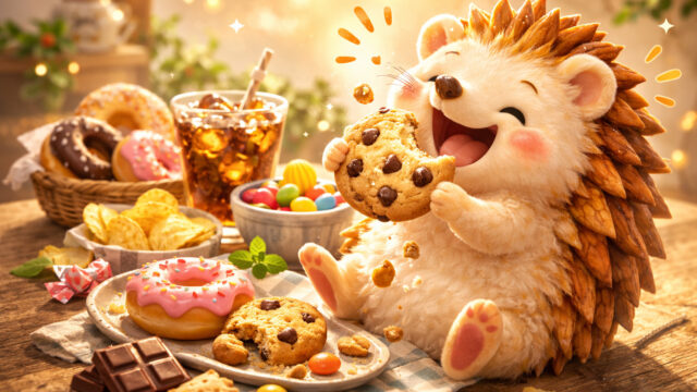 おやつをほおばるハリーちゃん