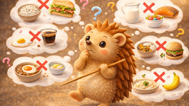 食べ合わせを思案するハリーちゃん