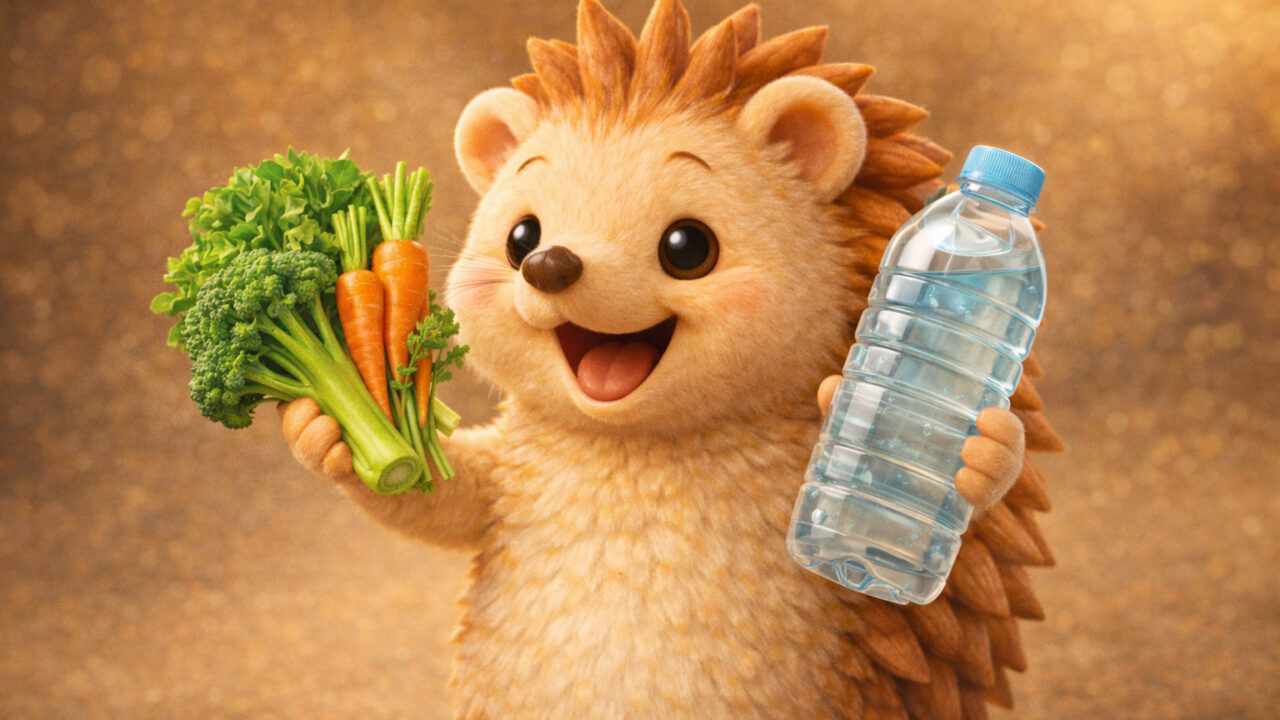食物繊維と水を持つハリーちゃん