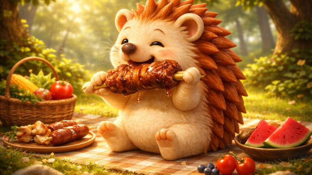 肉をほおばるハリーちゃん